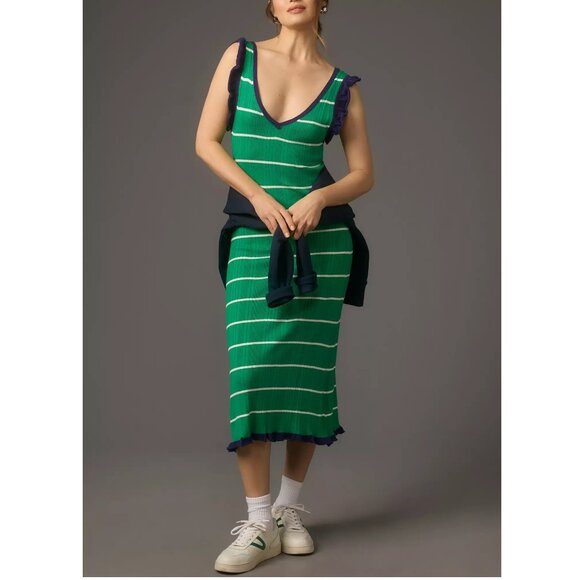 Anthropologie Daily Practice Sweater Midi Dress Green Stripe XS Petite XSP - Picture 1 of 11
